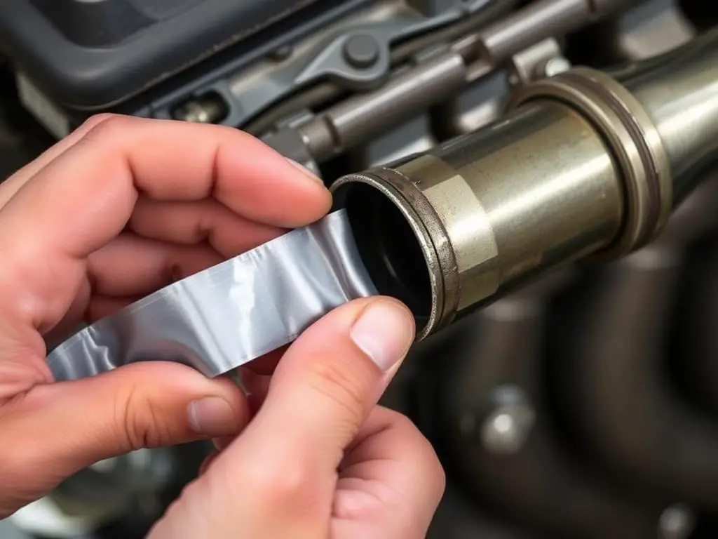 Hands applying exhaust repair tape around a manifold leak for temporary exhaust manifold leak repair Hands applying exhaust repair tape around a manifold leak for temporary exhaust manifold leak repair