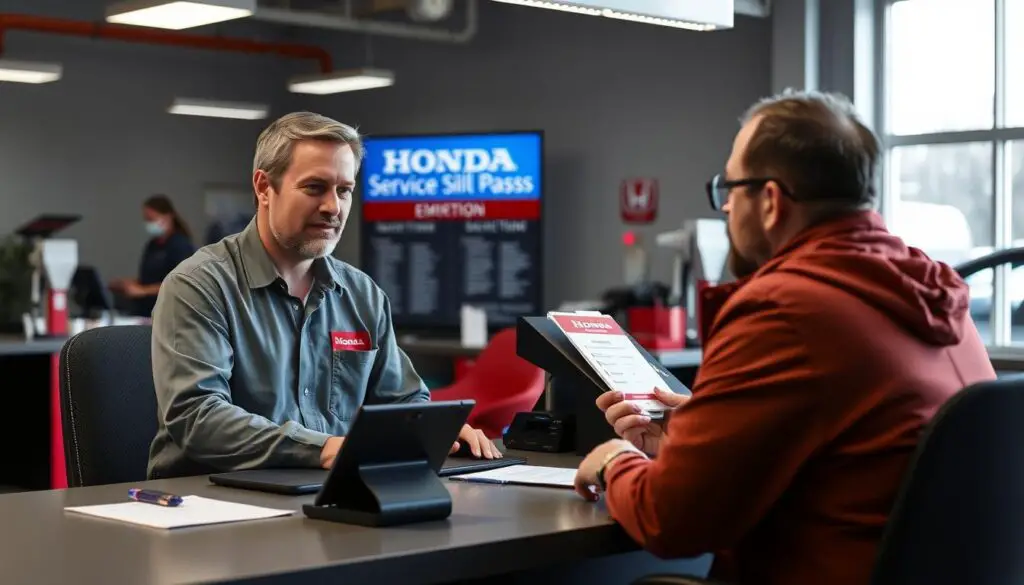 Honda service advisor discussing maintenance options with customer