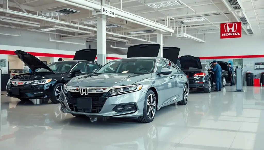 Honda service center with technicians working on Accord vehicles