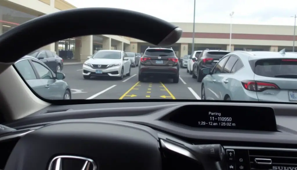 Honda vehicle using perpendicular parking assist in a parking lot Honda vehicle using perpendicular parking assist in a parking lot