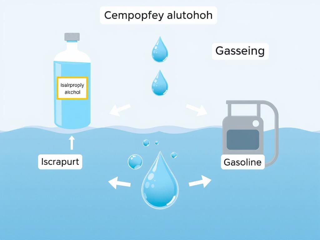 Illustration showing how isopropyl alcohol bonds with water molecules in gasoline
