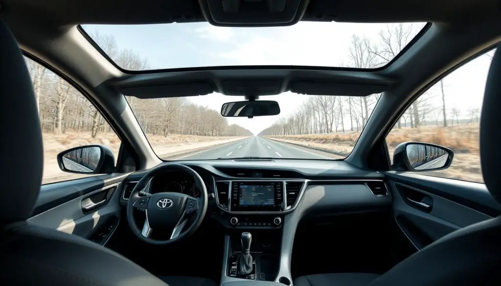Interior view of a vehicle showing the quiet cabin environment with Toyo Celsius 2 tires Interior view of a vehicle showing the quiet cabin environment with Toyo Celsius 2 tires