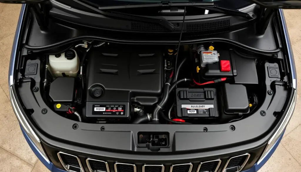 Jeep Compass with hood open showing battery access points