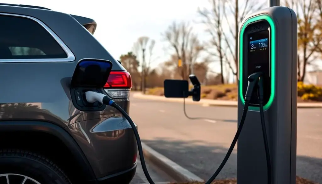 Jeep Grand Cherokee 4xe hybrid being charged at a charging station