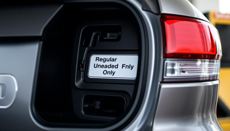Jeep Grand Cherokee at gas station with fuel door open showing gas type requirements