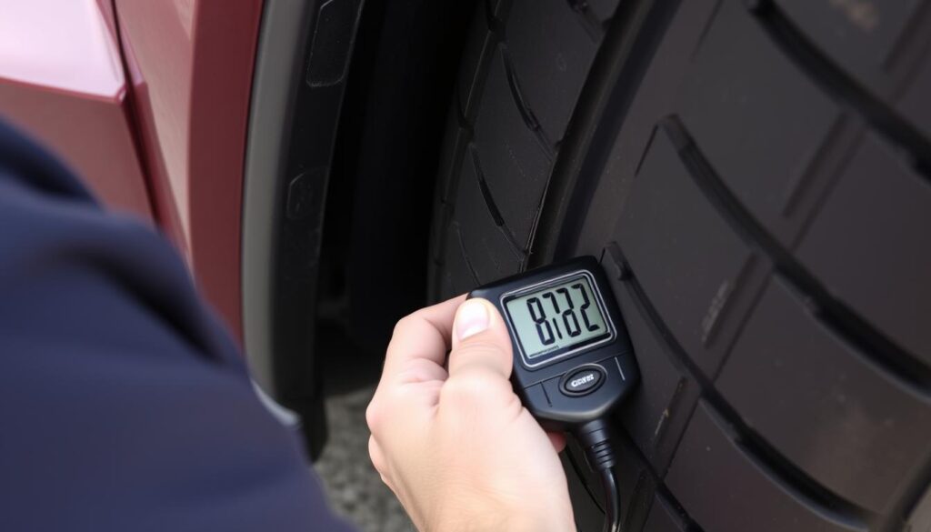 Jeep Grand Cherokee owner checking tire pressure for optimal fuel efficiency