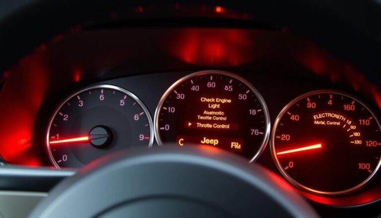 Jeep dashboard showing warning lights for limp mode including check engine light and traction control