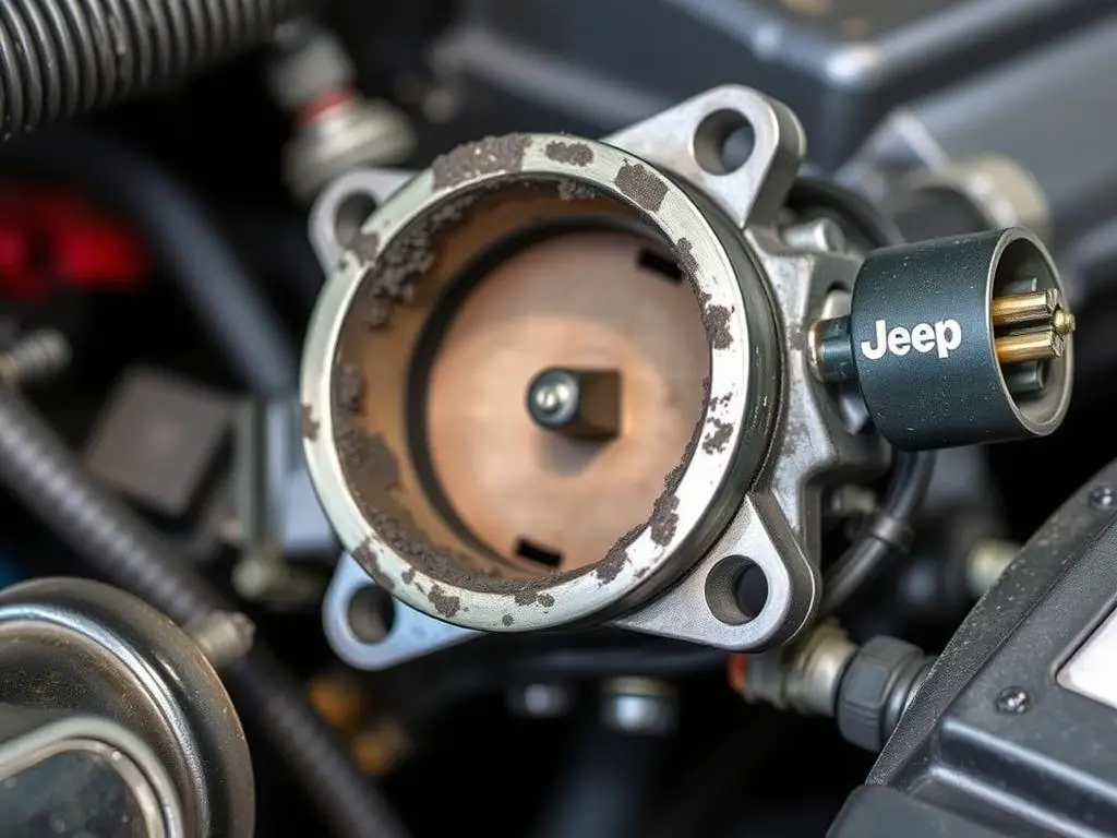 Jeep throttle body showing carbon buildup and electrical connections