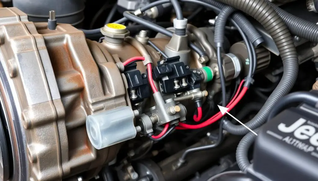 Jeep transmission showing solenoids and wiring harness connections