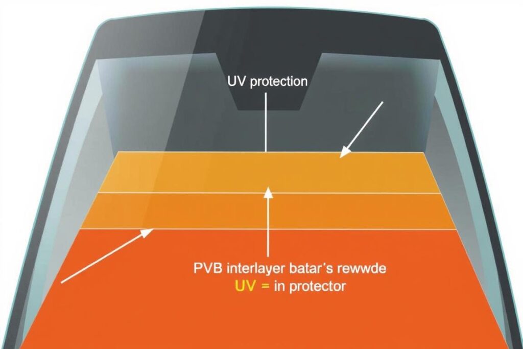 Laminated windshield glass structure showing UV protection layers