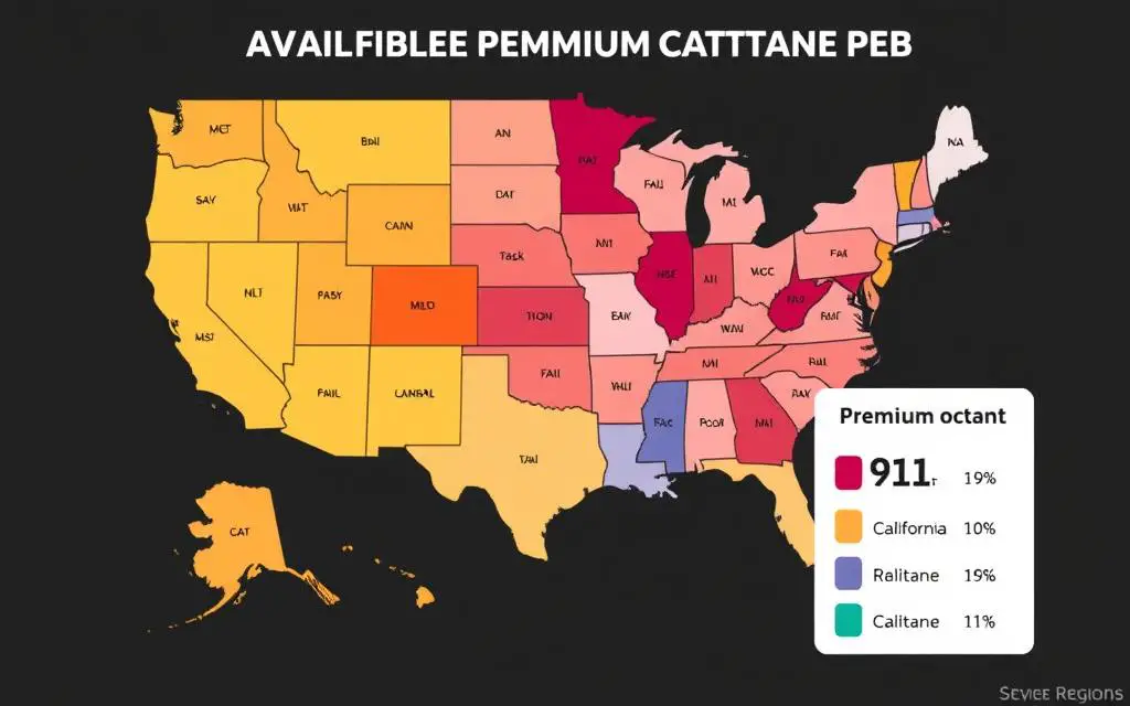 Map showing regional differences in premium octane availability across the US, highlighting California 93 octane limitations Map showing regional differences in premium octane availability across the US, highlighting California 93 octane limitations