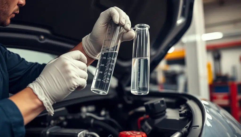 Mechanic adding measured amount of isopropyl alcohol to a fuel tank