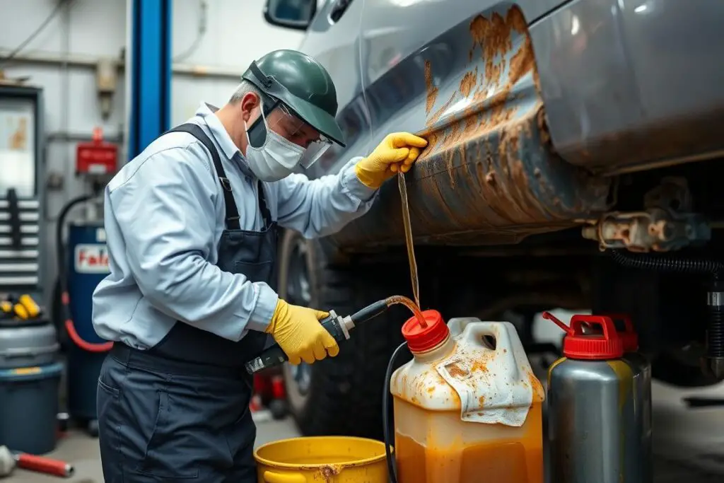 Mechanic draining contaminated fuel from a vehicle's tank