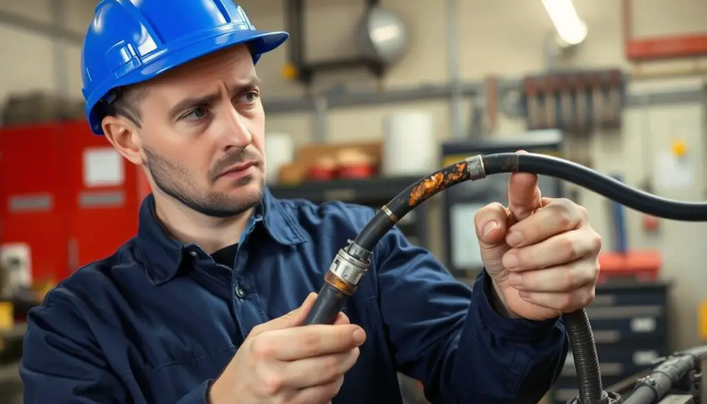 Mechanic examining damaged fuel system components potentially affected by alcohol additives