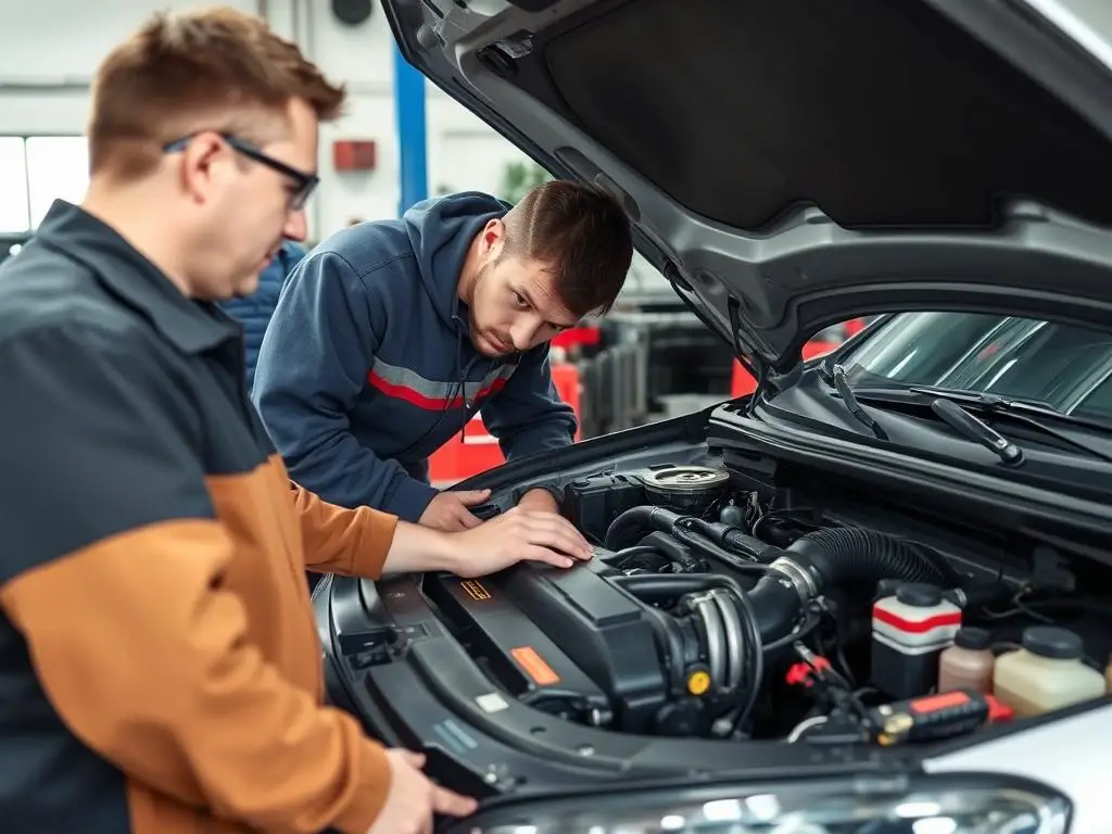 Mechanic examining engine of a salvage title car in a repair shop Mechanic examining engine of a salvage title car in a repair shop