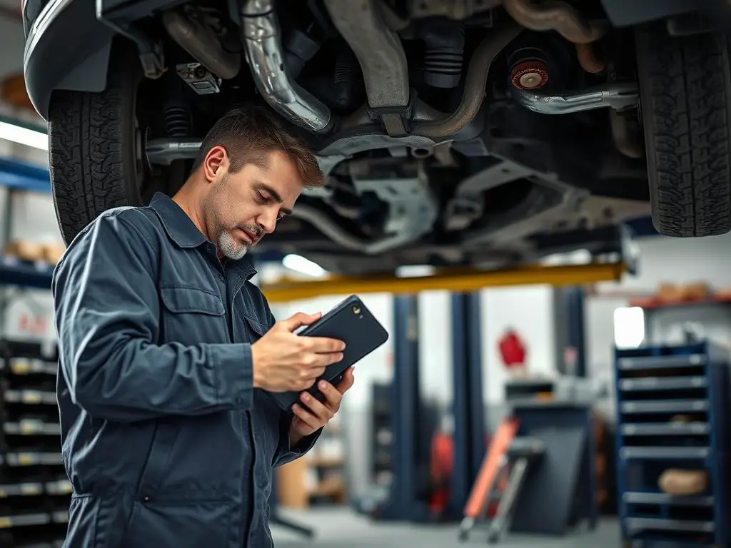 Mechanic inspecting a salvage title car with diagnostic equipment Mechanic inspecting a salvage title car with diagnostic equipment