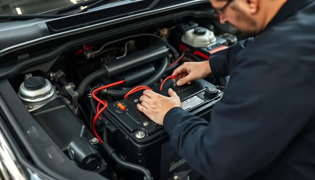 Mechanic installing a stop-start battery in a conventional vehicle