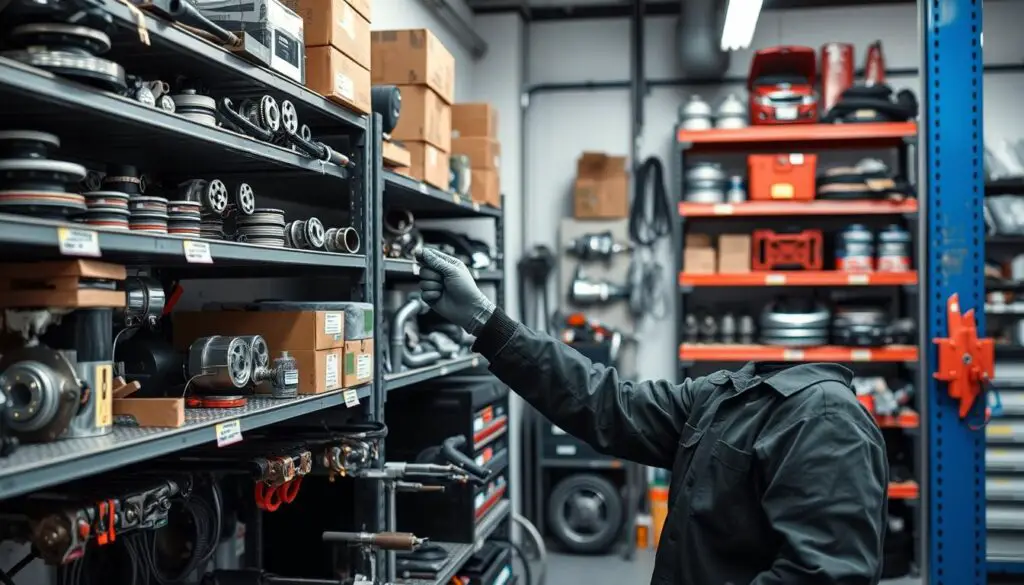 Mechanic selecting aftermarket auto parts from organized shelves in a garage