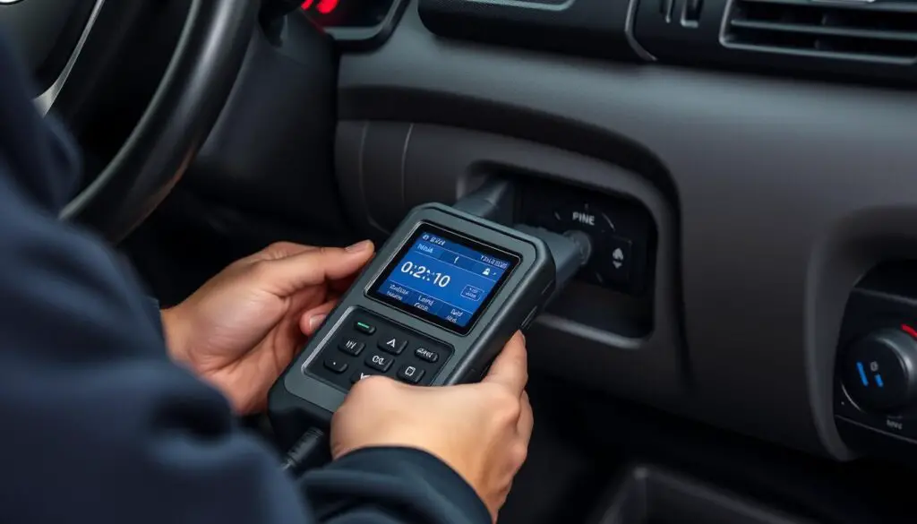 Mechanic using OBD-II scanner on Toyota vehicle