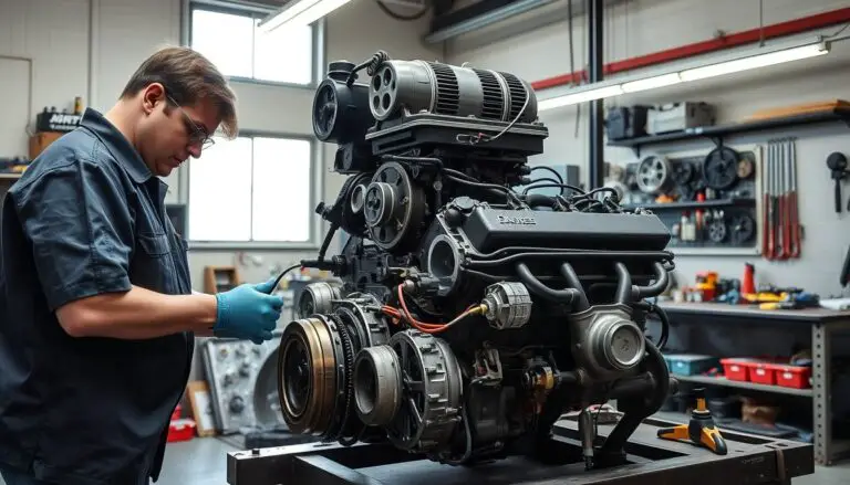 Mechanic working on automotive overhaul with parts spread across workbench