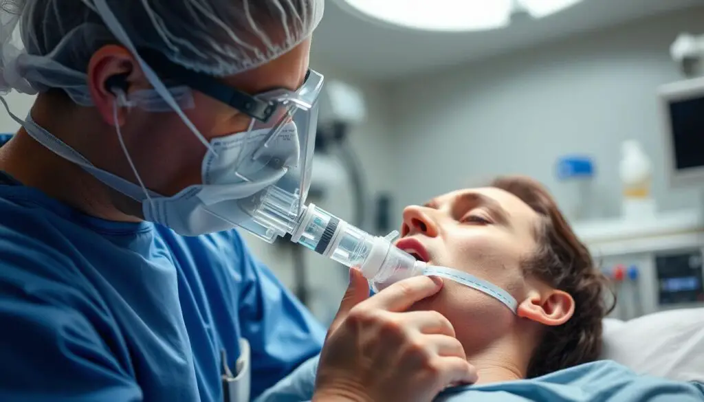 Medical professional treating a patient with respiratory distress from gasoline inhalation