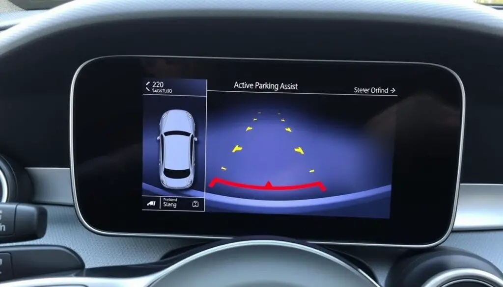 Mercedes-Benz dashboard display showing Active Parking Assist in operation Mercedes-Benz dashboard display showing Active Parking Assist in operation