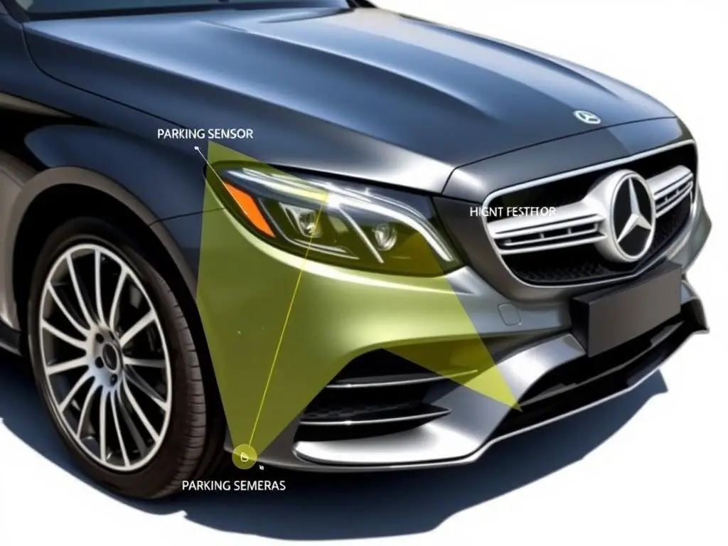 Mercedes Parking Assistance Package sensors highlighted on vehicle exterior Mercedes Parking Assistance Package sensors highlighted on vehicle exterior