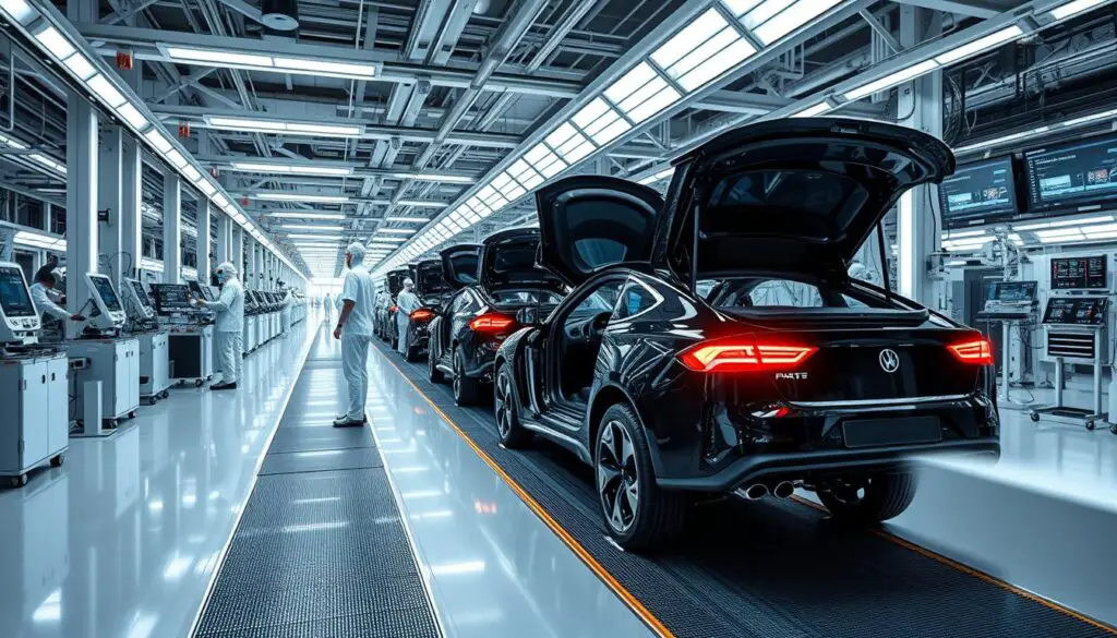 Modern automotive factory with advanced robotics and human workers collaborating Modern automotive factory with advanced robotics and human workers collaborating