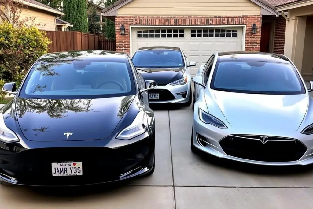 Multiple Tesla vehicles parked together with custom names displayed on their screens