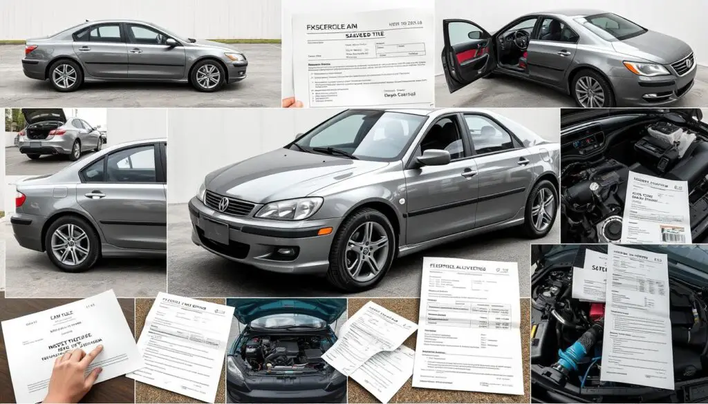 Multiple angles of a salvage title car showing exterior, interior, engine, and documentation Multiple angles of a salvage title car showing exterior, interior, engine, and documentation