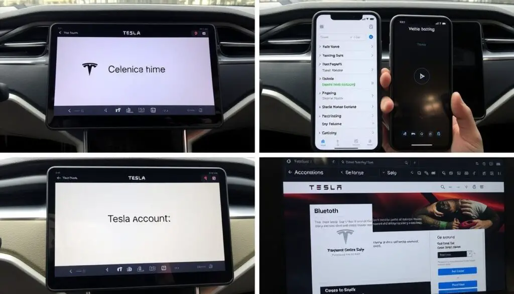 Multiple screens showing the same Tesla name across different interfaces