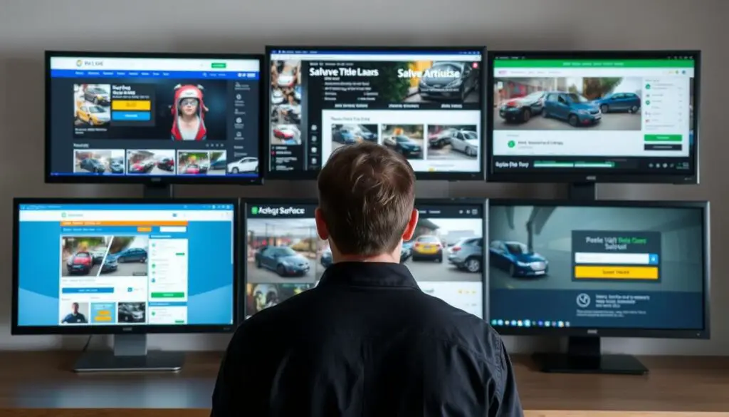 Multiple selling platforms for salvage title cars shown on computer and mobile screens Multiple selling platforms for salvage title cars shown on computer and mobile screens