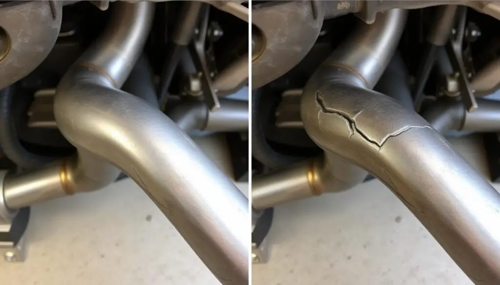 New exhaust manifold next to old damaged one showing complete replacement for exhaust manifold leak repair New exhaust manifold next to old damaged one showing complete replacement for exhaust manifold leak repair