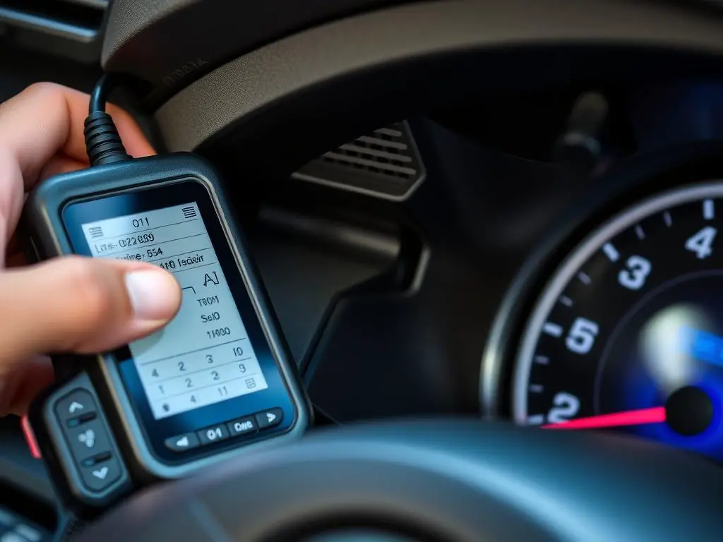 OBD-II scanner connected to vehicle for diagnosing low idle RPM causes