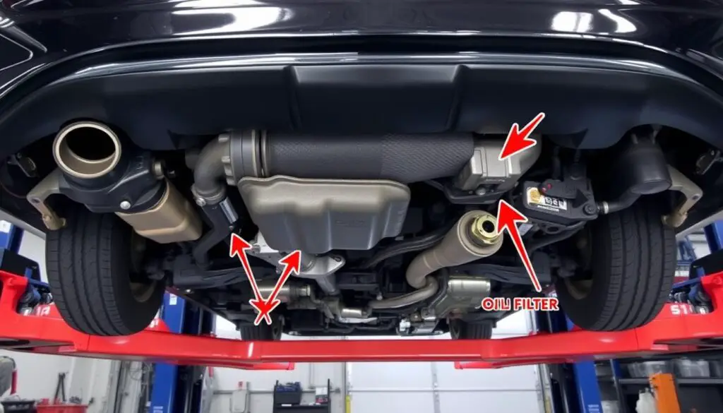 Oil change process for Honda Accord showing oil filter and drain plug locations