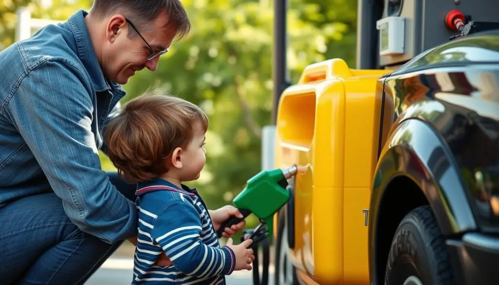 Parent keeping child away from gasoline container
