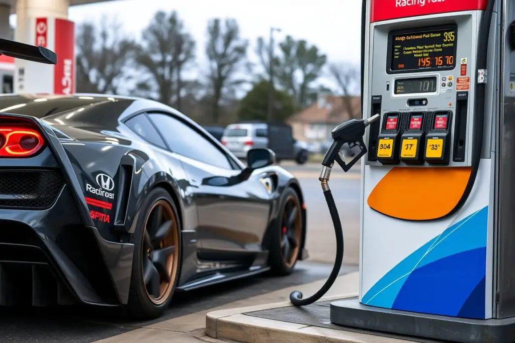 Performance vehicle being fueled with alternative high-octane California 93 octane solution Performance vehicle being fueled with alternative high-octane California 93 octane solution