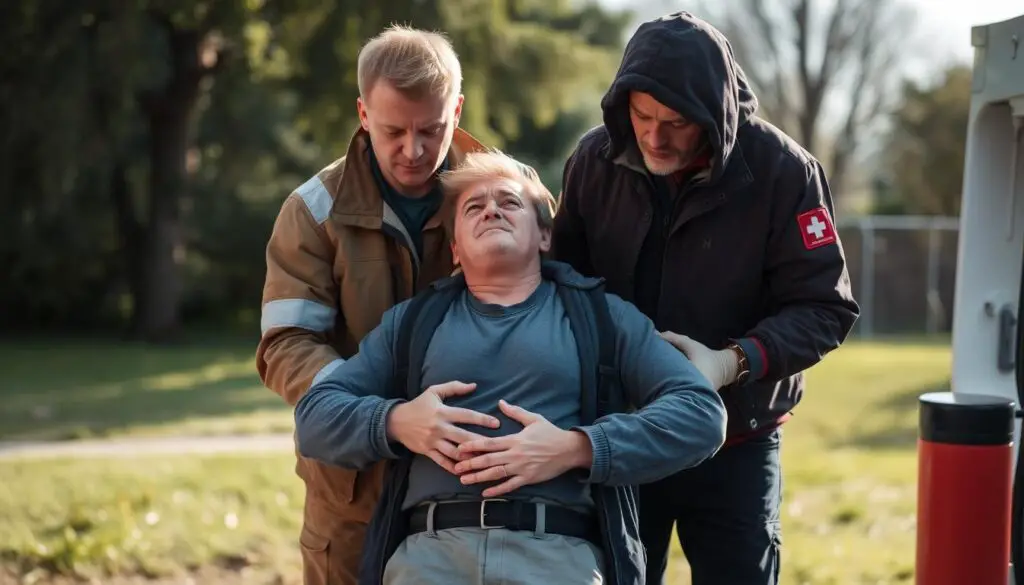 Person being moved to fresh air after gasoline exposure