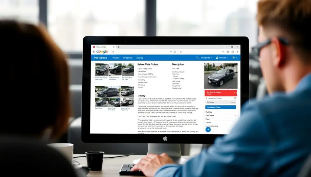 Person creating an online listing for a salvage title car with photos and detailed description Person creating an online listing for a salvage title car with photos and detailed description