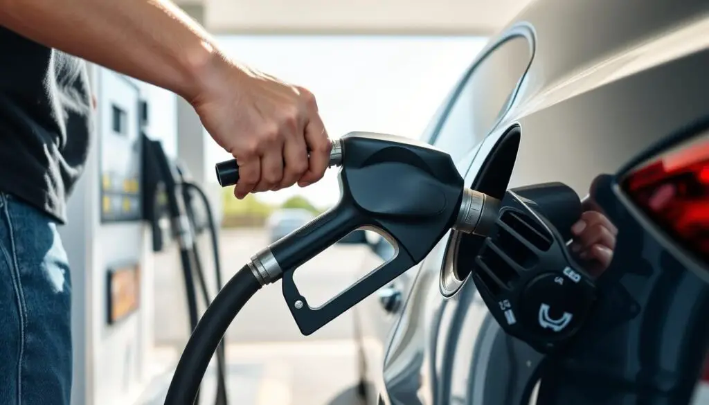 Person demonstrating proper refueling technique to prevent gasoline damage car paint