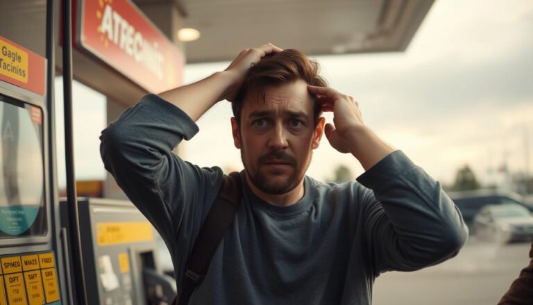 Person experiencing dizziness after inhaling gasoline fumes at a gas station