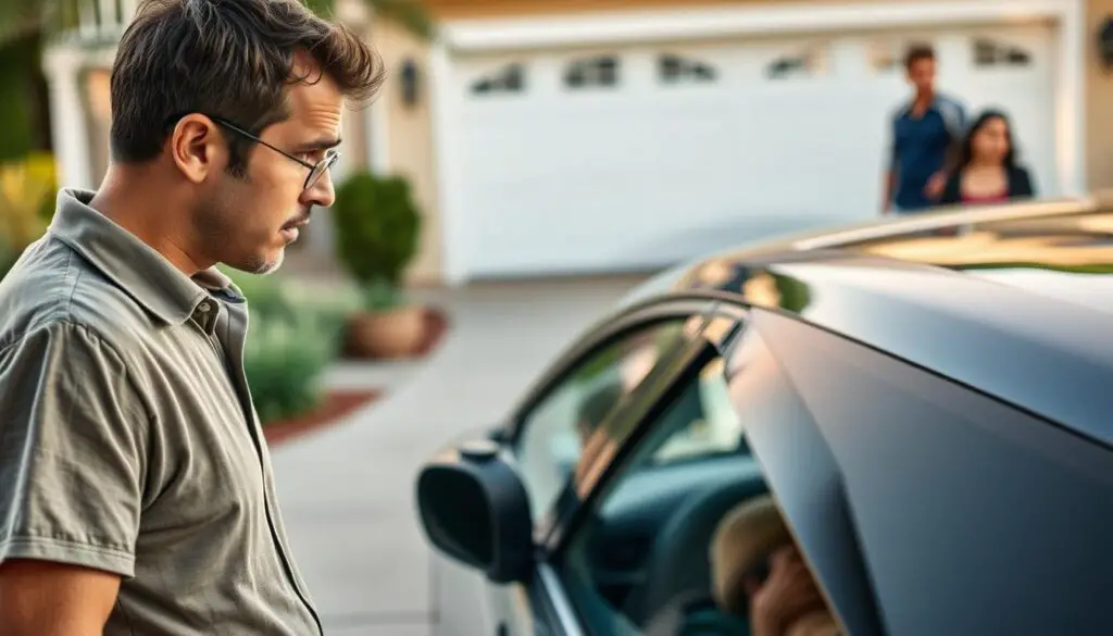 Person looking concerned while examining a salvage title car with potential buyer walking away Person looking concerned while examining a salvage title car with potential buyer walking away