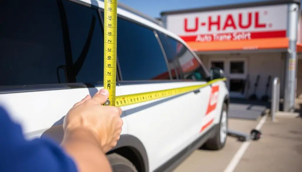 Person measuring vehicle dimensions to check U-Haul auto transport weight limits compatibility