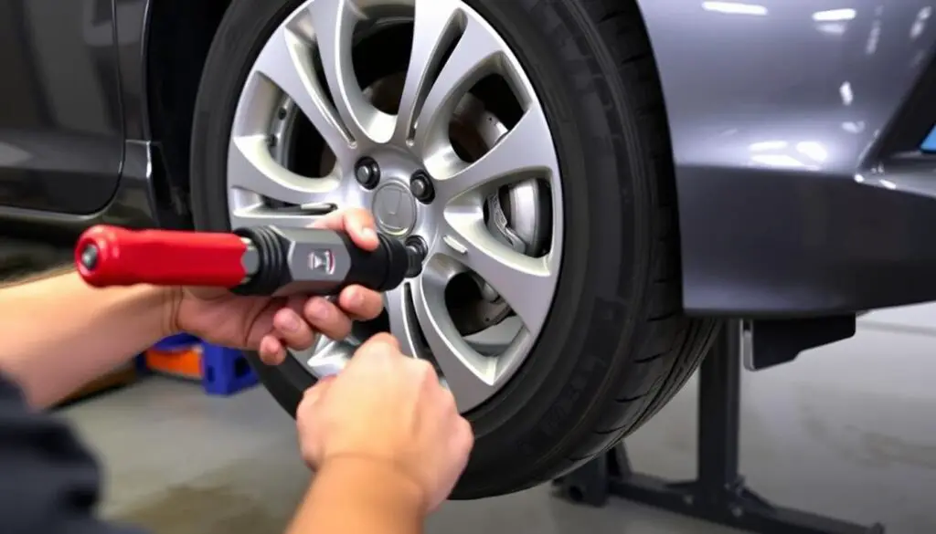 Person performing tire rotation on a Honda Accord