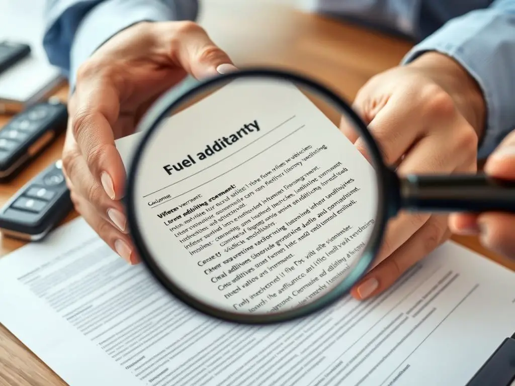 Person reading vehicle warranty document with magnifying glass