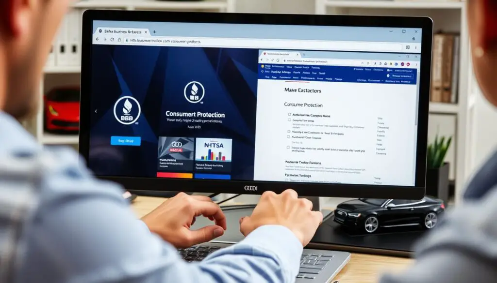 Person researching consumer protection options on computer