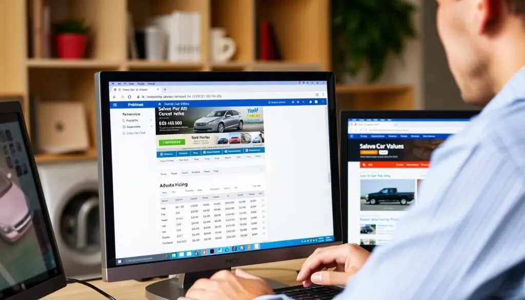 Person researching salvage car values online with price comparison charts Person researching salvage car values online with price comparison charts