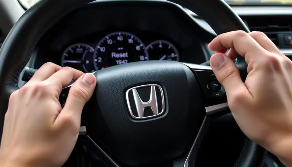 Person resetting maintenance minder on Honda Accord dashboard