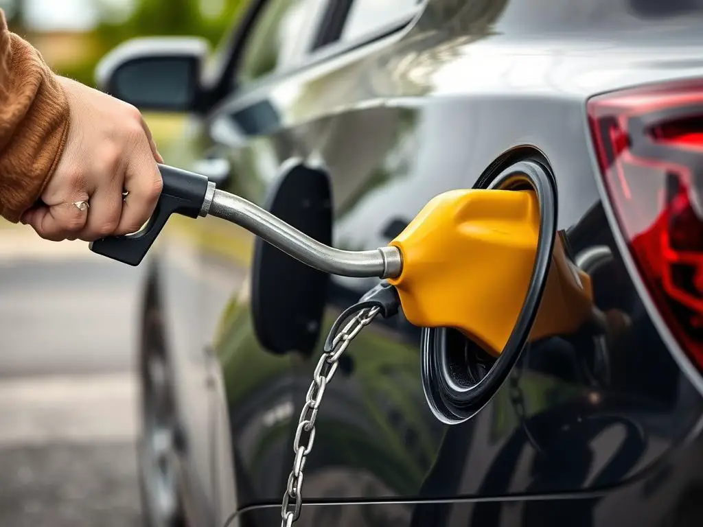 Person siphoning gasoline from a vehicle tank using a tube