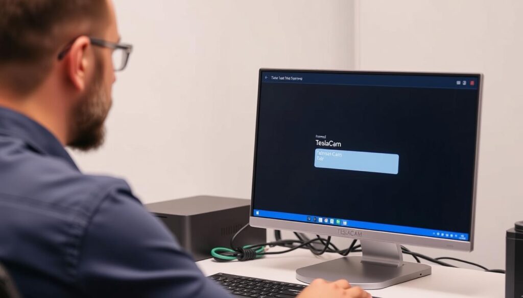Person troubleshooting Tesla dashcam by formatting USB drive on computer